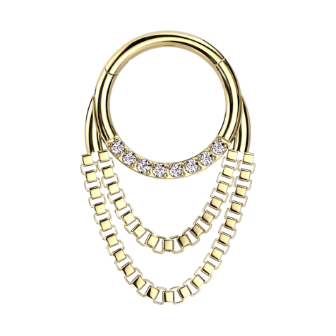 Anello a micro segmenti con cerniera anteriore placcata oro cristalli pendenti in argento due catene