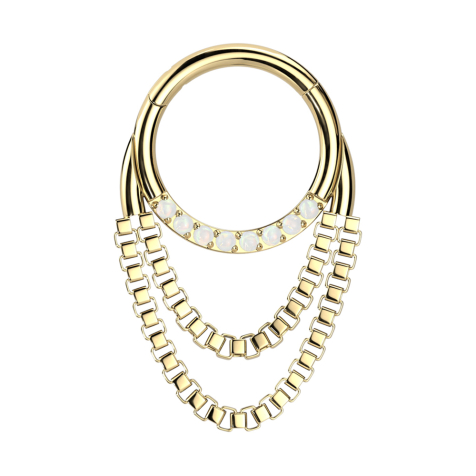 Anello a micro segmenti con cerniera frontale placcata oro opali ciondolo in argento due catene