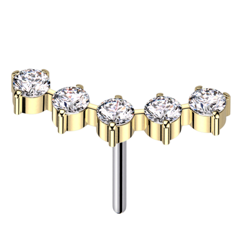 Threadless courbé plaqué or cinq cristaux ronds argent