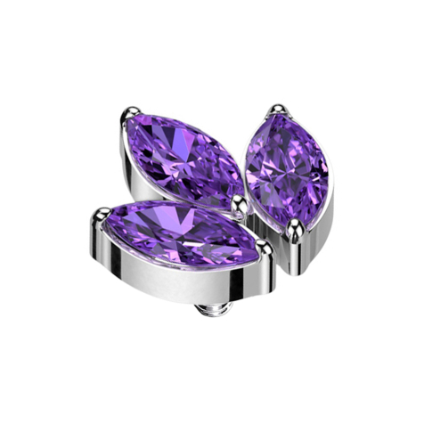 Ancrage dermique argenté trois cristaux ovales violets