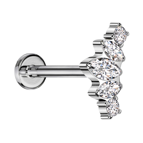 Micro Labret Internal Thread Silver Three Ovals and Two Round Crystals Silver