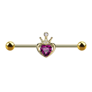 Barbell gold-plated with two balls heart crown crystal pink