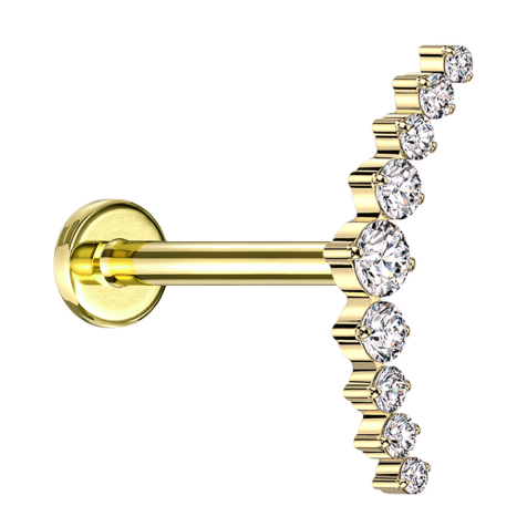 Micro Labret filettatura interna placcato oro curvo argento nove cristalli rotondi argento