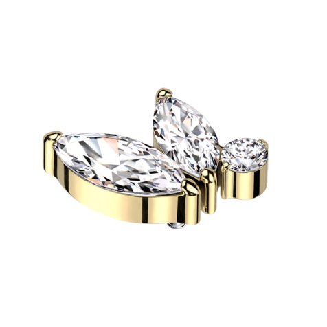 Dermal Anchor vergoldet zwei Ovale Kristalle silber ein runder Kristall silber