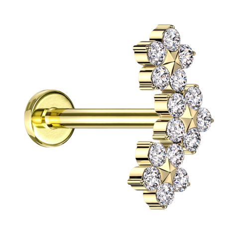 Micro Labret Internal Thread Gold-Plated Three Flowers with Star Crystals Silver
