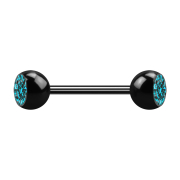 Micro bilanciere nero con due sfere di cristallo color acqua