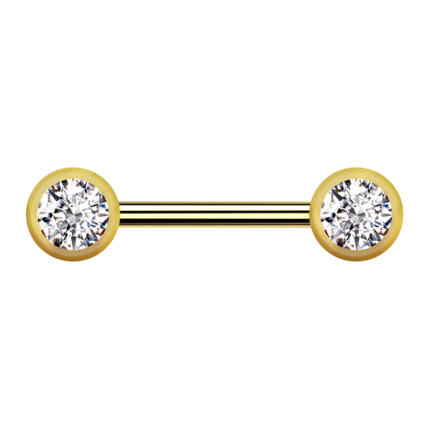 Barbell gold-plated with two balls front crystal silver