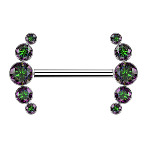 Threadless barbell, silver front, five dark multicolor crystals