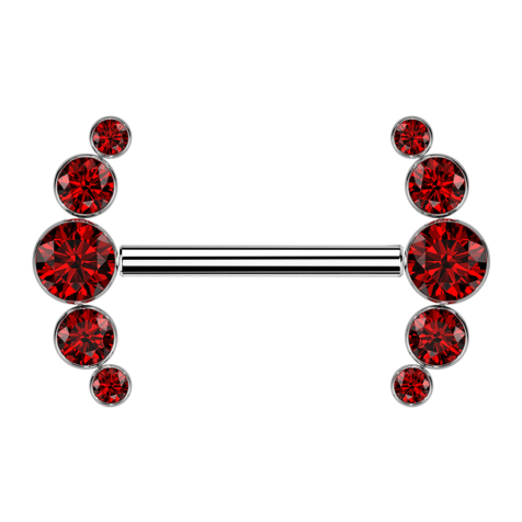 Threadless barbell, silver front, five red crystals