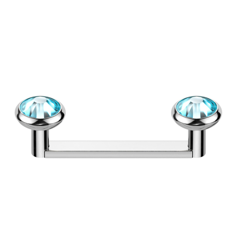 Surface barbell, flat, internal thread, silver with two discs, silver crystal, aqua