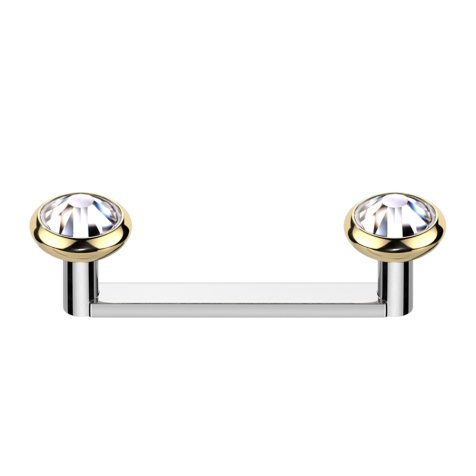 Surface barbell, flat, internal thread, silver with two gold-plated discs, crystal silver