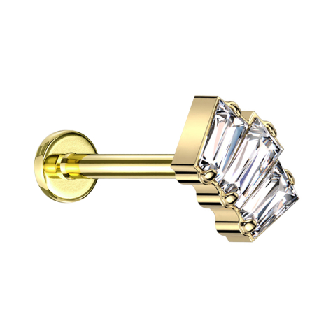 Micro Labret senza filettatura placcato oro con tre cristalli baguette argento