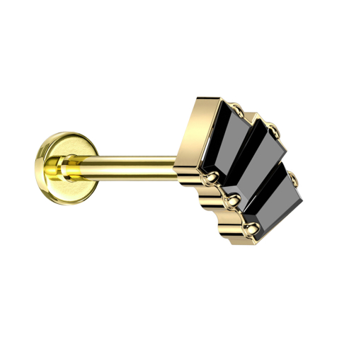 Micro Labret sans filetage plaqué or trois cristaux baguette noirs