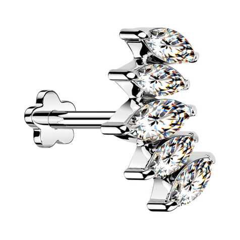 Micro labret sans filetage fleur argent éventail argent avec cinq cristaux argent