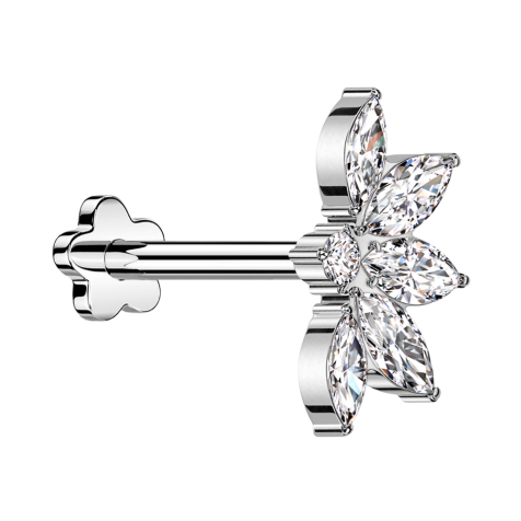 Micro Threadless Labret Flower Silver Half Lotus Flower Silver Crystals Silver