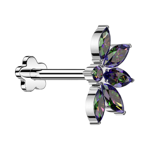 Micro labret sans filetage fleur argent demi-fleur de lotus argent cristaux multicolores foncés