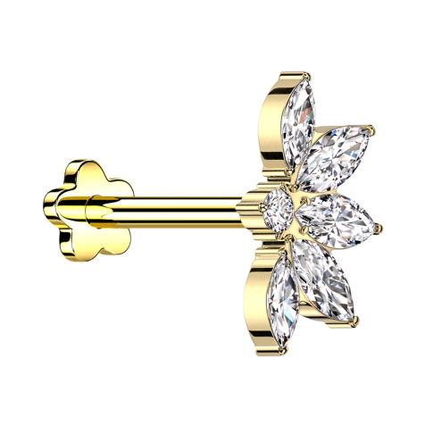 Micro labret sans filetage fleur plaqué or demi-fleur de lotus plaqué or cristaux argent