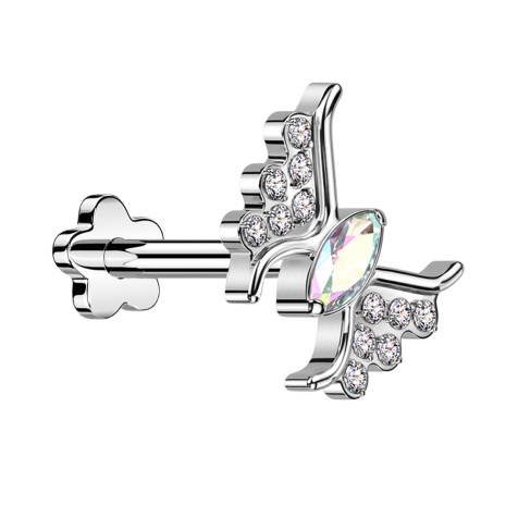 Micro labret sans filetage fleur argent papillon argent cristal multicolore
