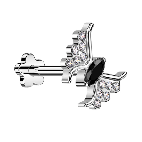 Micro labret sans filetage fleur argent papillon argent cristal noir