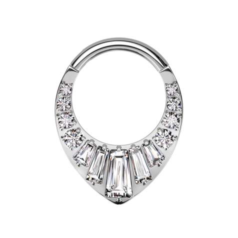 Micro segment ring, foldable, silver, round and baguette crystals, silver