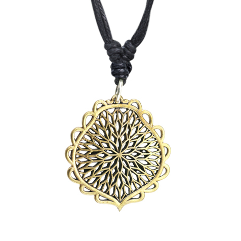 Halskette schwarz Anhänger vergoldet Blume des Lebens mit Blätter