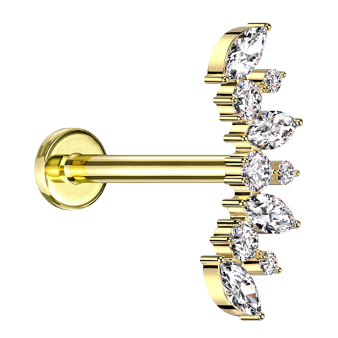 Micro Labret filettatura interna placcato oro ventaglio placcato oro quattro ovali e sei cristalli rotondi argento