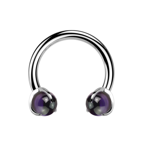 Micro circular barbell with internal thread, silver, with two amethyst stones set in the ends