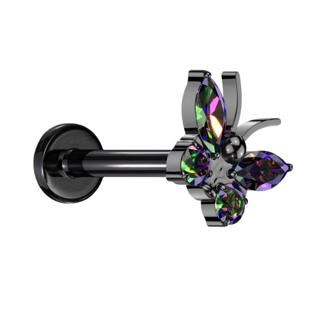 Micro labret filetage intérieur noir papillon noir cristaux multicolores foncés