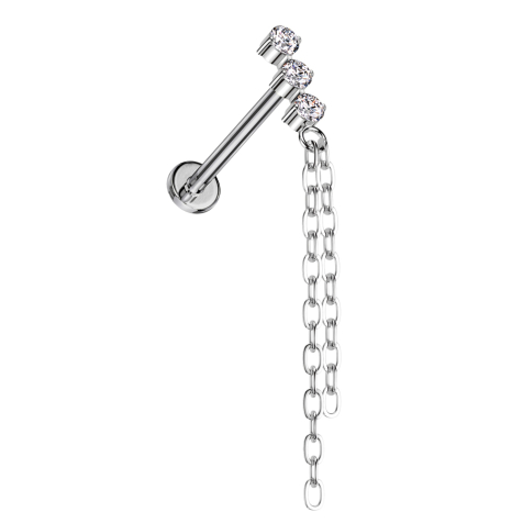 Micro labret filetage intérieur argent trois cristaux pendentif argent deux chaînes