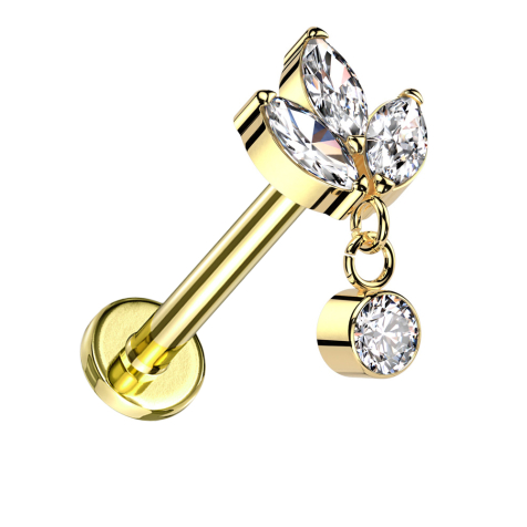 Micro Labret filetage intérieur plaqué or trois cristaux ovales pendentif argent cristal argent