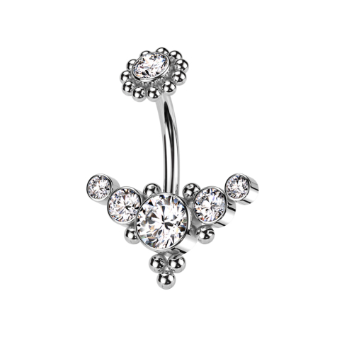 Banane Innengewinde silber mit Kugelblume silber Kristall silber und front mittig mit Kugeln und fünf Kristalle silber