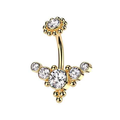 Banane Innengewinde vergoldet mit Kugelblume vergoldet Kristall silber und front mittig mit Kugeln und fünf Kristalle silber