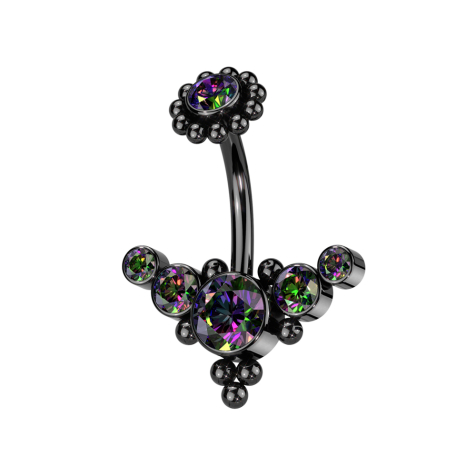 Banane Innengewinde schwarz mit Kugelblume schwarz Kristall dunkel multicolor und front mittig mit Kugeln und fünf Kristalle dunkel multicolor