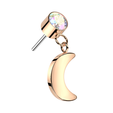 Pendentif cylindre sans fil en or rose avec cristal multicolore et lune en or rose