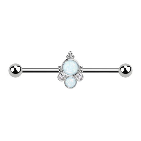 Barbell silver with two balls silver two opals white two crystals silver
