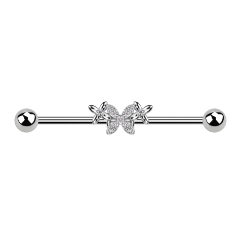 Barbell silver with two balls silver butterfly two flowers crystals silver