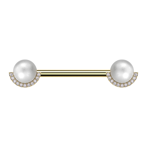Gold-plated barbell with two pearl beads silver crystals silver
