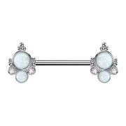 Barbell silver with two two opals white two crystals silver
