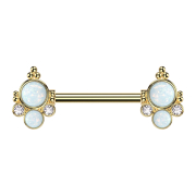 Gold-plated barbell with two white opals and two silver...