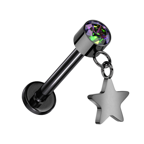 Micro labret sans filetage noir cylindre noir cristal foncé multicolore pendentif étoile noir