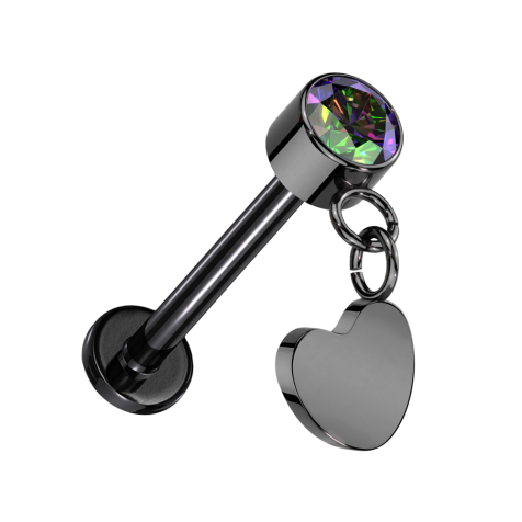 Micro Labret senza filettatura cilindro nero cristallo scuro multicolore pendente cuore nero