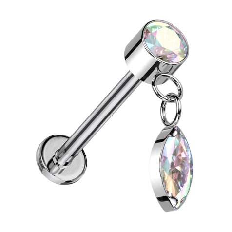 Micro Threadless Labret argento Cilindro argento Cristallo multicolore Pendente Cristallo ovale multicolore