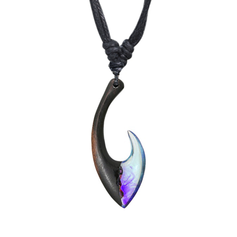 Necklace black pendant Maori hook epoxy purple made of Arang wood