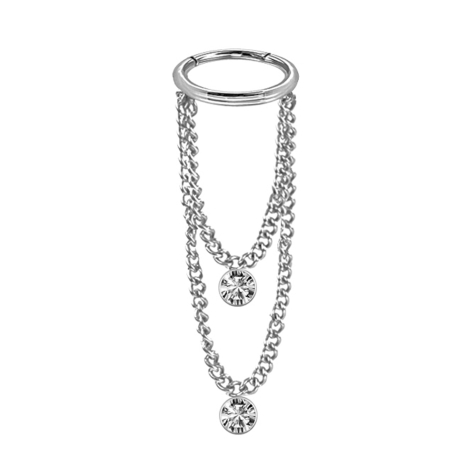 Micro anneau segment pliable argent pendentif horizontal deux chaînes deux cristaux argent