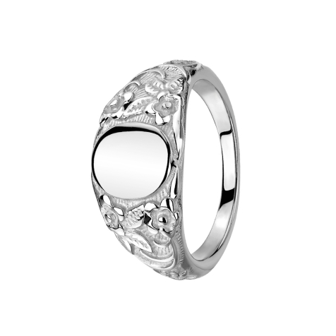 Ring silber Oval flach mit Blumen