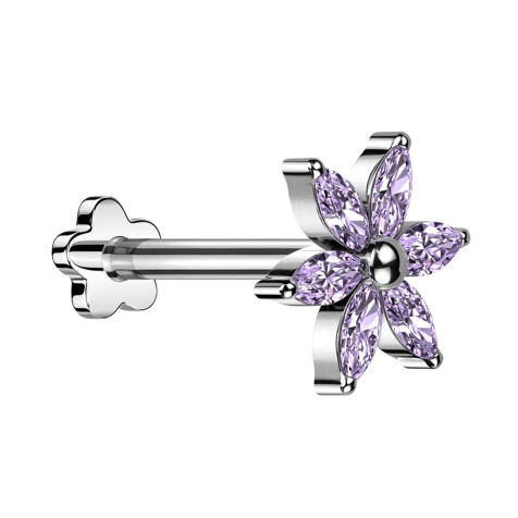 Micro Threadless Labret Blume silber Blume silber Kristalle violett