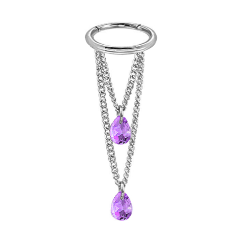 Micro segment ring hinged silver pendant horizontal two chains two oval crystals purple