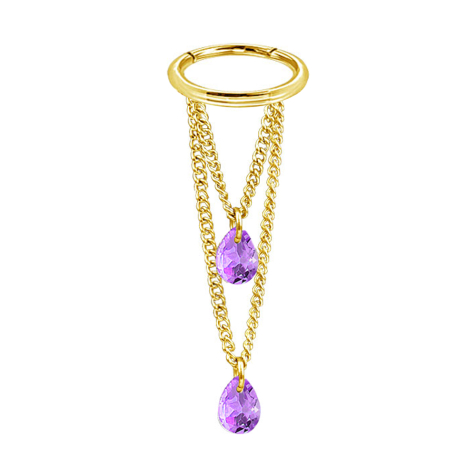 Micro anneau segment pliable doré pendentif horizontal deux chaînes deux cristaux ovales violet