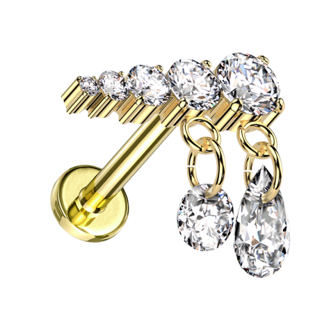 Micro labret filetage intérieur plaqué or cinq cristaux pendentif argent deux chaînes cristaux argent gauche