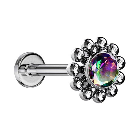 Micro Labret filetage intérieur argenté boule fleur cristal foncé multicolore